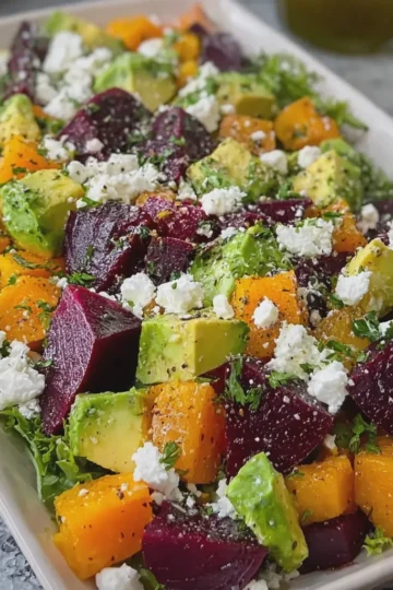 Roasted Beet, Butternut Squash, and Avocado Salad with Feta