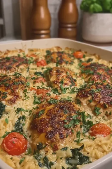 Creamy Tuscan Chicken and Orzo Bake
