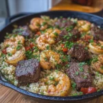 Juicy Southern Garlic Butter Shrimp and Steak Rice Skillet