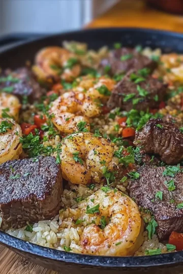 Juicy Southern Garlic Butter Shrimp and Steak Rice Skillet
