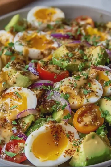 Loaded Avocado, Egg and Tomato Salad with Wholegrain Mustard Dressing