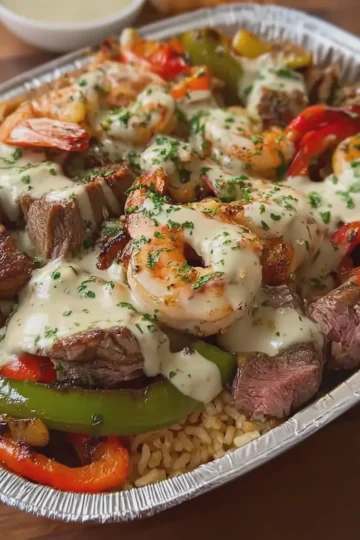 Shrimp and Steak Fajita Bowl with Creamy Sauce