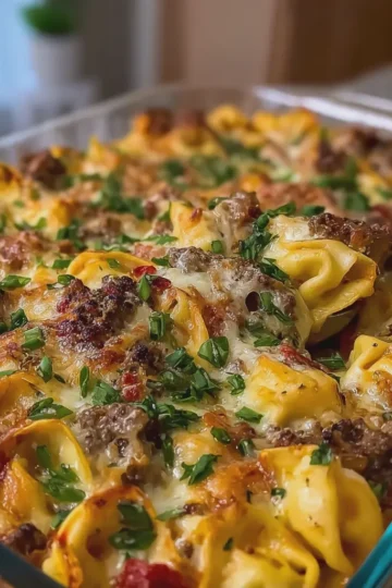 Golden Cheese Steak Tortellini Casserole