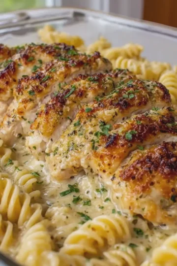 Baked Caesar Chicken with Creamy Garlic Parmesan Rotini