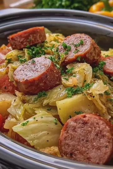 Slow Cooker Sausage and Cabbage Easy 4 Ingredient Delight