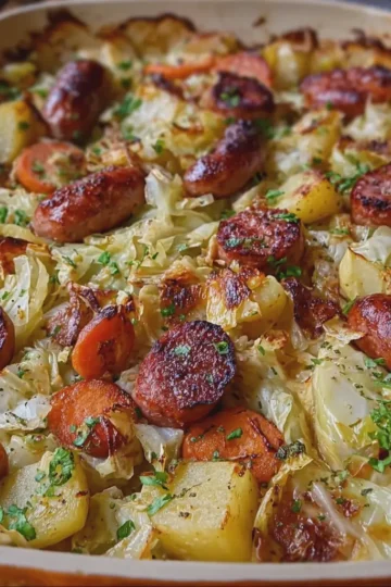 Potato Beef Sausage and Cabbage Bake
