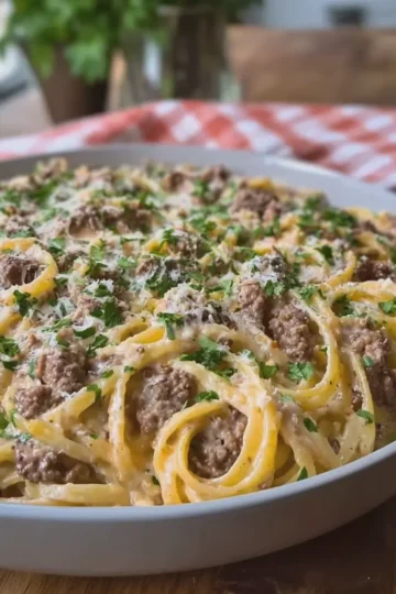Creamy Italian Beef Linguine with Mozzarella Parmesan Sauce