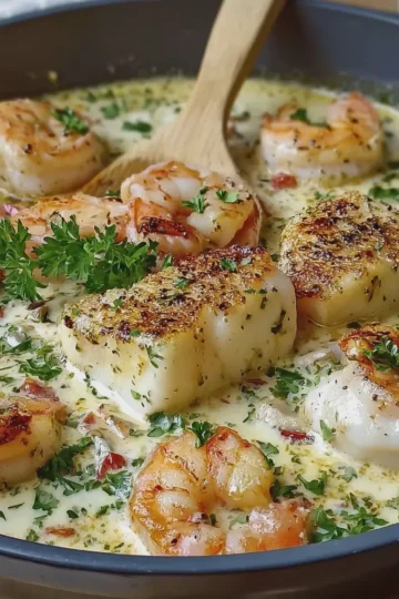 Creamy Garlic Shrimp and Cod Seafood Skillet