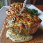 Cheesy Garlic Butter Mushroom Stuffed Chicken with Creamy Parmesan Sauce