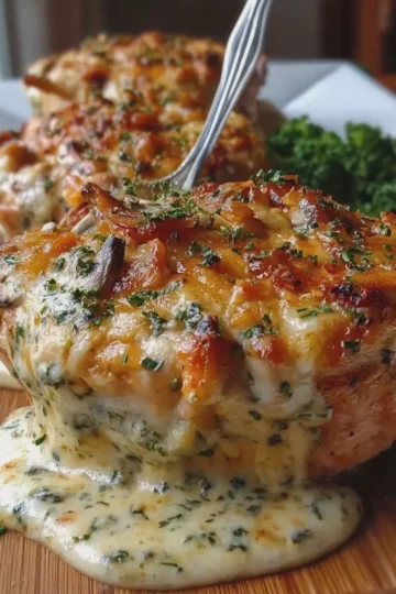 Cheesy Garlic Butter Mushroom Stuffed Chicken with Creamy Parmesan Sauce