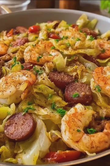 Fried Cabbage with Shrimp and Sausage