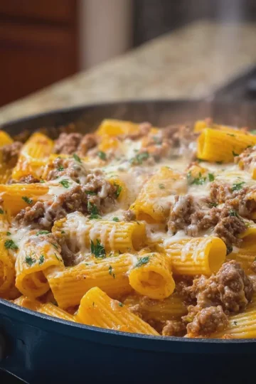 Cheddar Beef Rigatoni Skillet