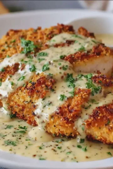 Parmesan Crusted Chicken with Creamy Garlic Sauce