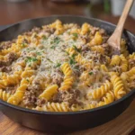 Ground Beef Rotini in Creamy Italian Cheese Sauce