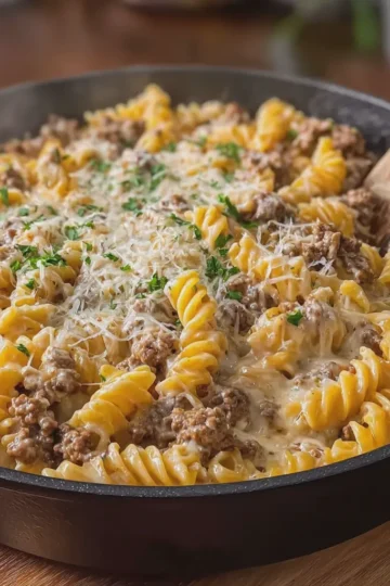 Ground Beef Rotini in Creamy Italian Cheese Sauce