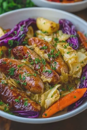 4 Ingredient Slow Cooker Beef Sausage and Cabbage