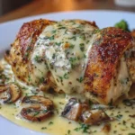 Cheesy Garlic Butter Mushroom Stuffed Chicken with Creamy Parmesan Sauce