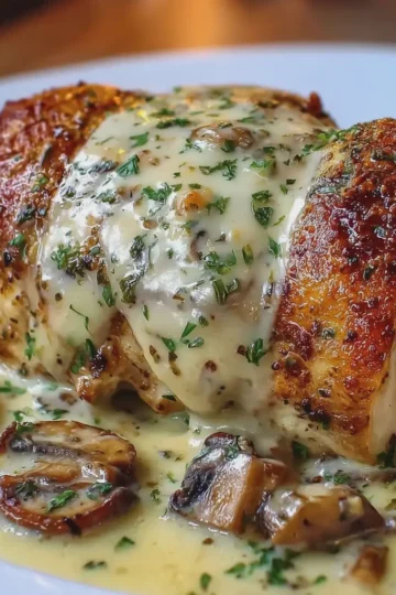 Cheesy Garlic Butter Mushroom Stuffed Chicken with Creamy Parmesan Sauce