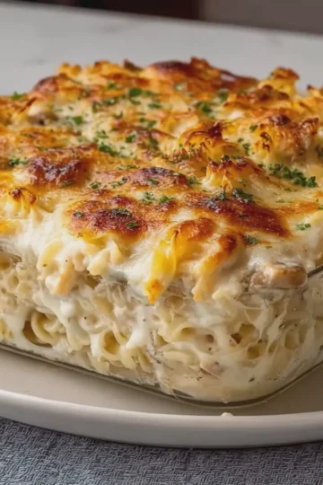 Creamy Chicken Alfredo Ramen Bake