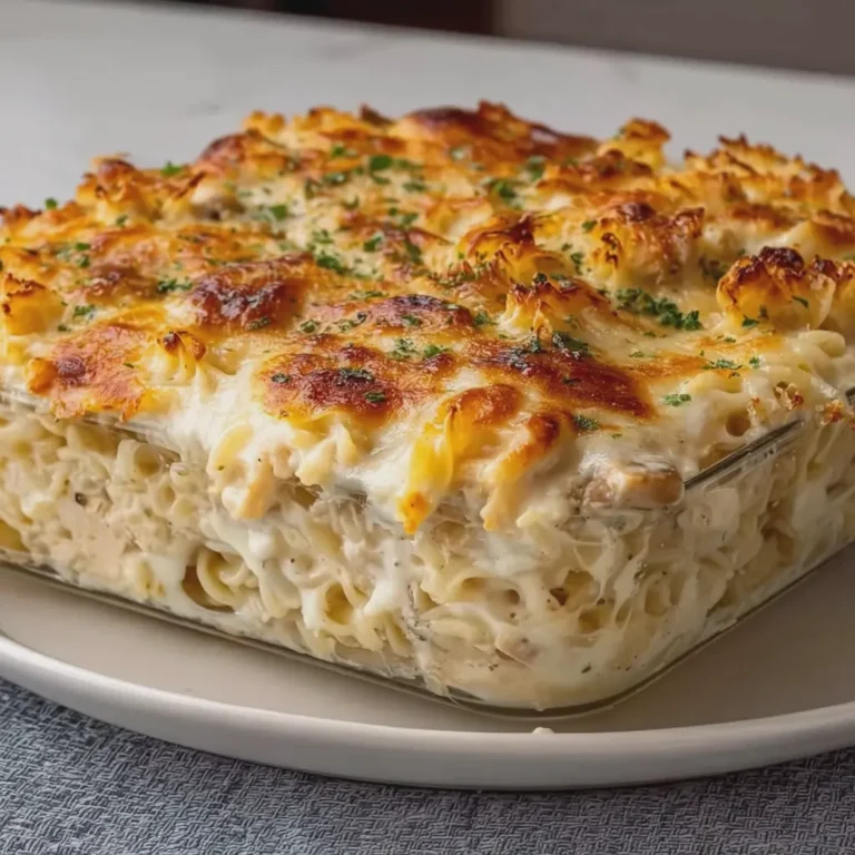 Creamy Chicken Alfredo Ramen Bake