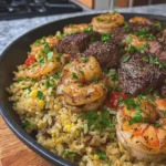 Juicy Southern Garlic Butter Shrimp and Steak Rice Skillet