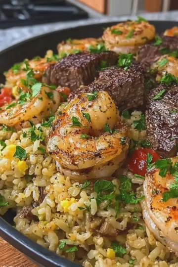 Juicy Southern Garlic Butter Shrimp and Steak Rice Skillet