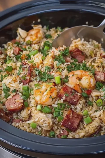 Seafood Dirty Rice with Turkey Bacon and Chicken Ham