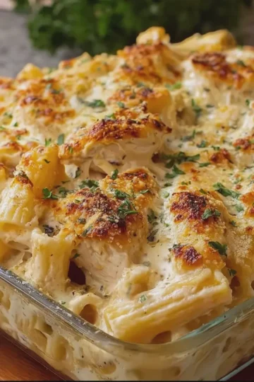 Creamy Chicken Alfredo Rigatoni Bake