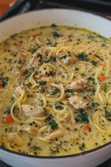 Creamy Herb Chicken and Spaghetti Noodle Soup