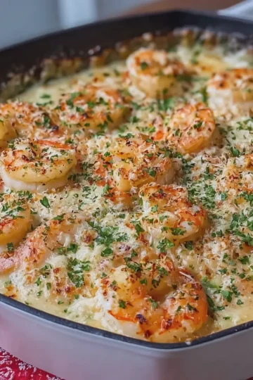 CREAMY GARLIC BUTTER SHRIMP CASSEROLE